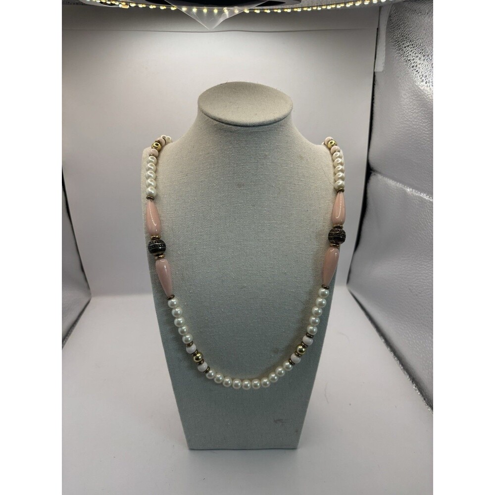 VTG 1928 Beaded Light Pink Beads & White Faux Pearl Necklace 34” Long